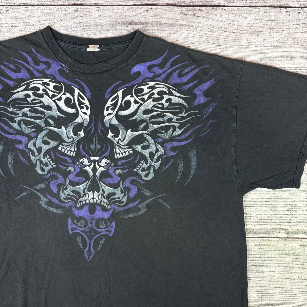 Vintage Y2k Three Skulls Faded Black Graphic T-shirt